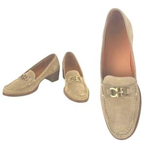 Vintage tan Suede Salvatore Ferragamo Stacked Heel Loafer with gold hardware